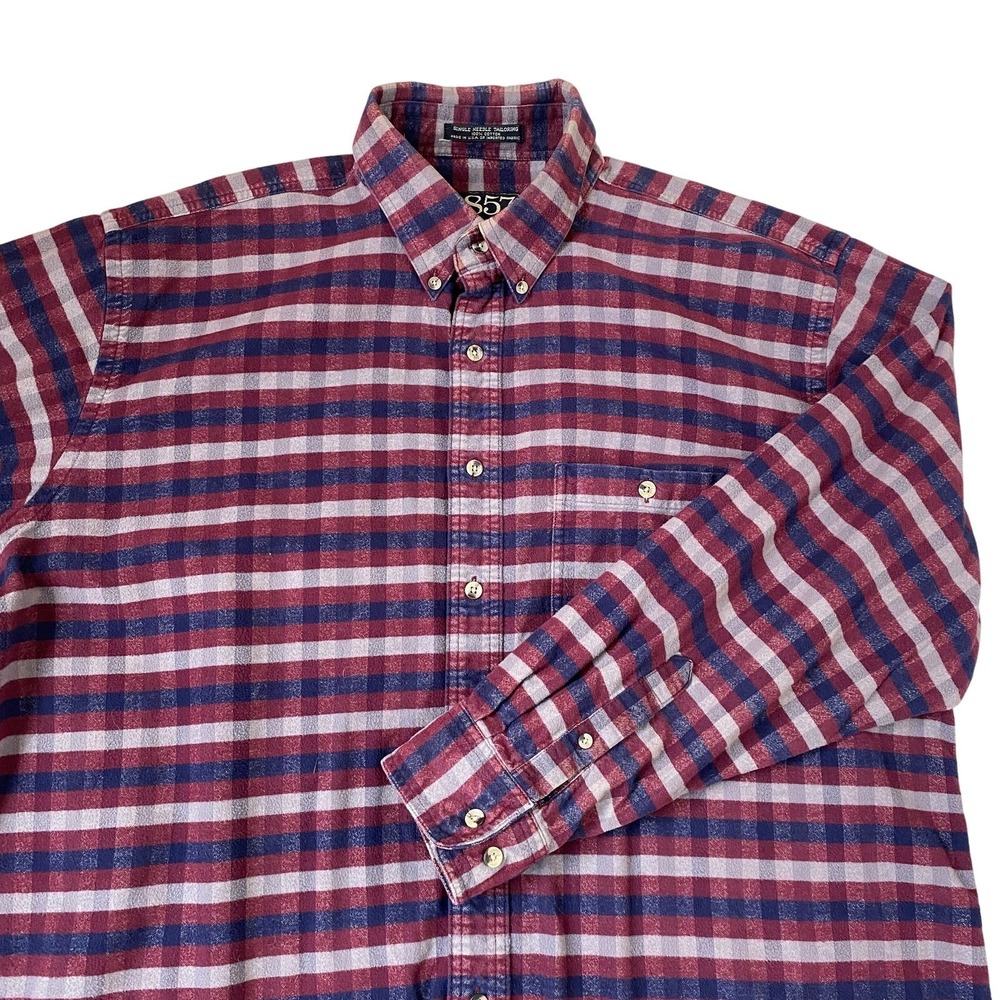 Vintage 1857 Mahattan Flannel Shirt Men XL Maroon Plaid Button Down Made in USA